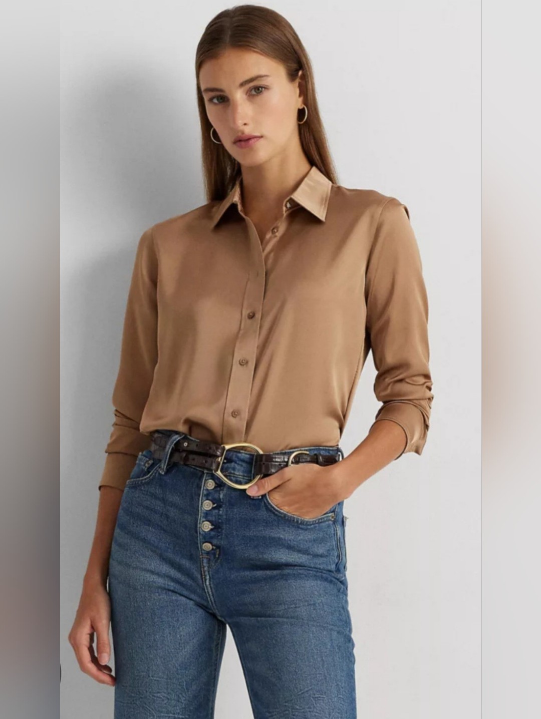 Ralph Lauren Top, Size Ps, Satin Buttondown, Brown Gold, Soft Sheen